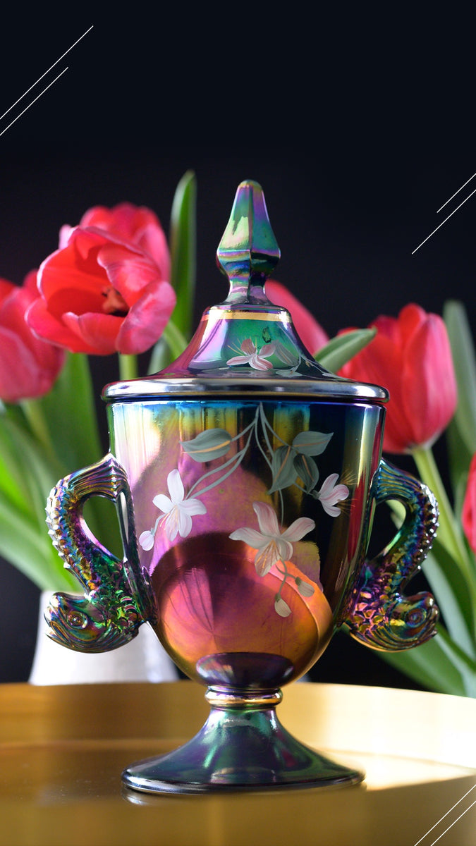 Fenton Carnival Glass, Hand Painted, Floral Pedestal with Lid – Ciao Bel  Fiore Handcrafted Candles