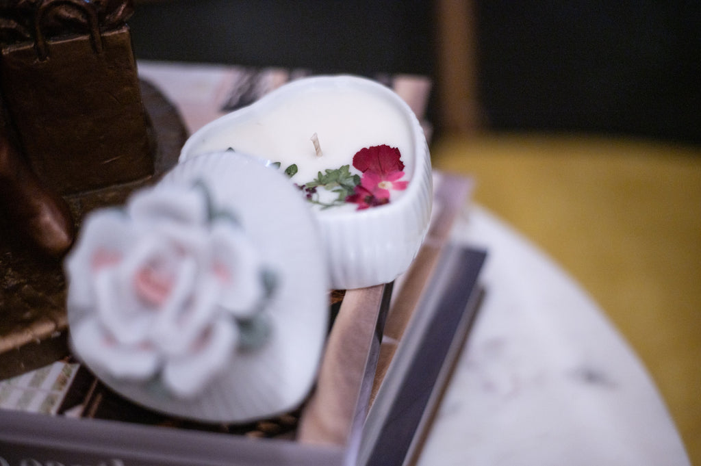 Vintage Ceramic Heart Trinket with Flower Design Lid