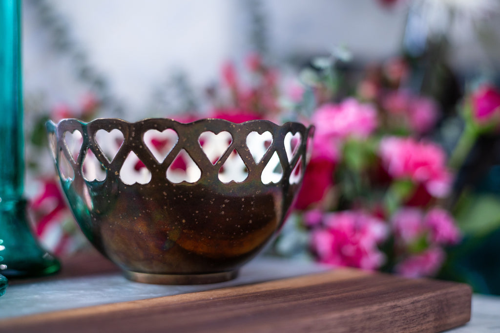 Vintage Patina Silver Heart Cut Out Bowl