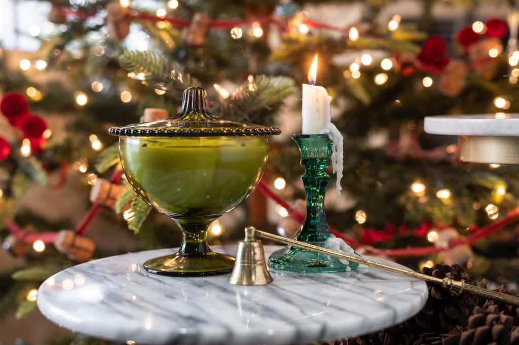 Vintage Green Pedestal Candy Dish with Lid