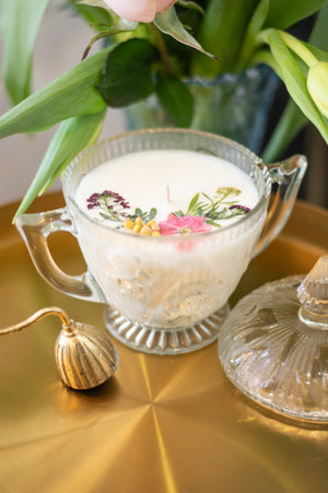 Vintage Crystal Etched Lily Pattered Sugar Cup w Lid