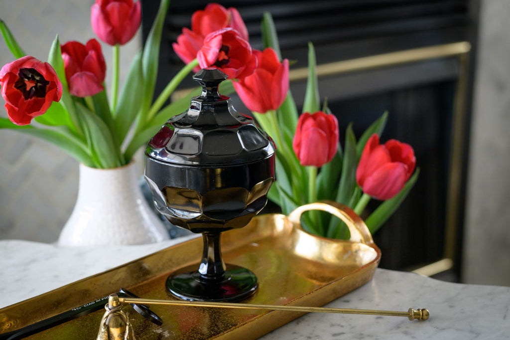 Glossy Black Faceted Candy Dish with Lid, Vintage