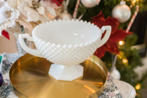 Milk Glass Large Pedestal Bowl with Handles, Diamond Design for Customization