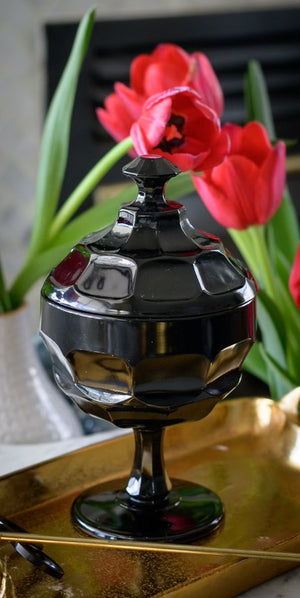 Glossy Black Faceted Candy Dish with Lid, Vintage